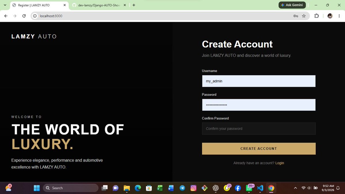 Lamzysax's tweet photo. Today, I built LAMZY AUTO , a luxury car website using Python, Django, HTML, CSS &amp; SQLite.

🔐 User registration &amp; login
🏠 Protected homepage
🚪 Login/logout functionality
✨ Clean, responsive luxury-car UI

Another step forward in my Django journey. ❤️

https://t.co/ZtEHVVGDWl https://t.co/yBI0CgmmIc