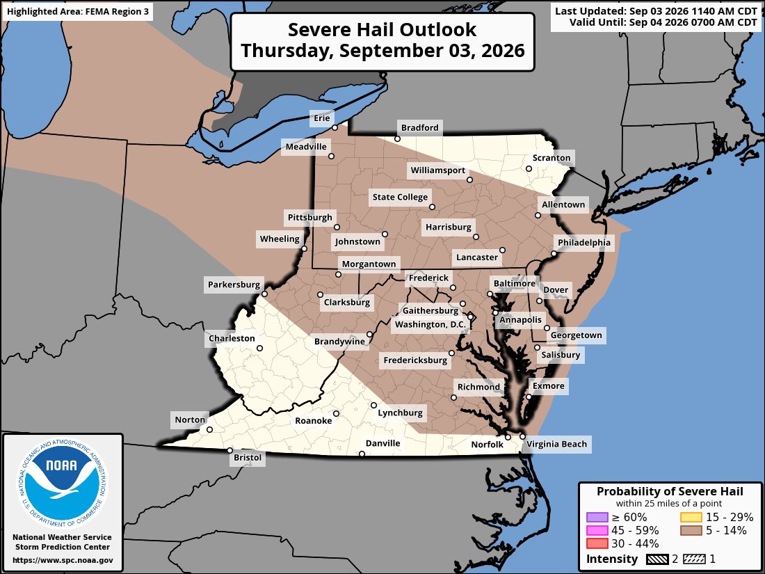 AppalachiaWx's tweet photo. Enhanced Risk (3 of 5) is in effect today for eastern Ohio and western Pennsylvania, including our coverage area. The Storm Prediction Center is tracking scattered strong to severe thunderstorms through tonight, with the potential for organized clusters and a few supercells. Damaging wind and large hail are the main threats, with the highest probability across northern Ohio into Pennsylvania. A Slight Risk (2 of 5) extends from the Upper Midwest and Great Lakes into the Mid-Atlantic.

Multiple rounds of storms are possible from this afternoon into tonight. Make sure you have a reliable way to receive warnings, know where you'll shelter, and keep an eye on the sky as conditions develop. We'll keep you updated as this system evolves.

#OHwx #PAwx #SevereWeather #CAWA