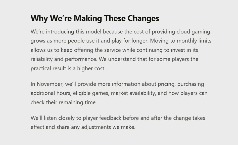 Wario64's tweet photo. Upcoming Changes to XBOX Cloud Gaming - Starting November, Game Pass plans include a set number of cloud gaming hours each month:

Game Pass Ultimate: 15 hours
Game Pass Premium: 10 hours
Game Pass Essential: 5 hours

non-Game Pass users can purchase cloud playtime hours

https://t.co/elfB0prczC