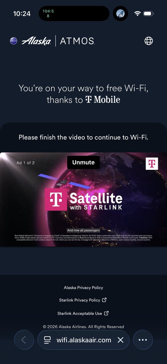 William_Yi5's tweet photo. Superb Wi-Fi connectivities with @Starlink onboard @AlaskaAir air planes. Much better than old Wi-Fi, which is slow and jittery https://t.co/Nx2jR4mugT