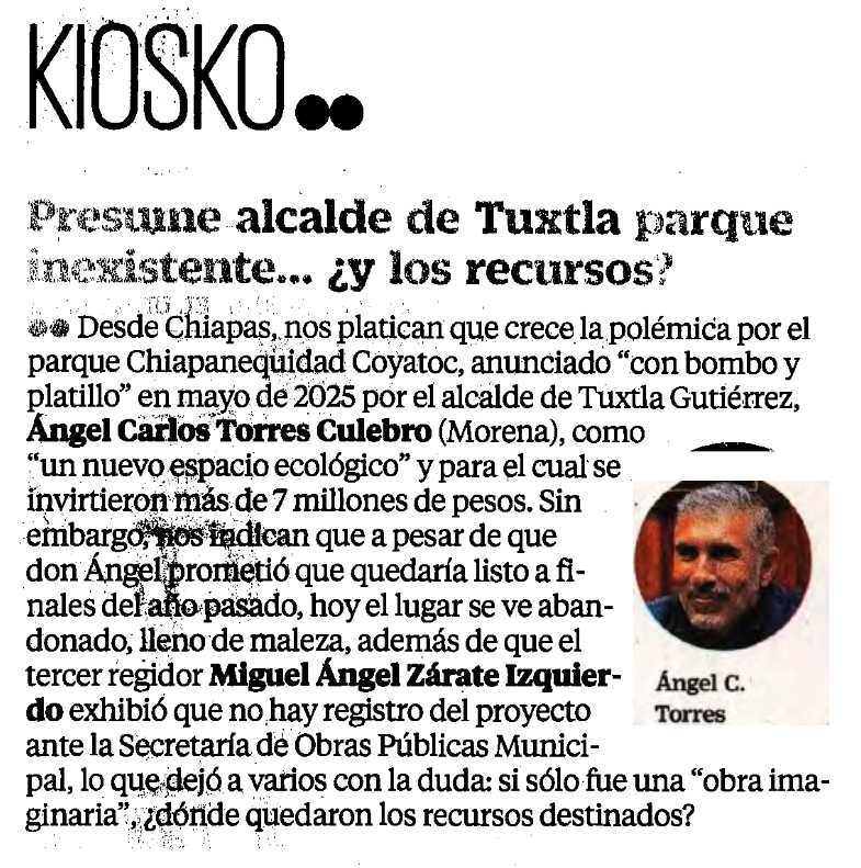 MLopezSanMartin's tweet photo. Otra de un alcalde morenista

Ángel Torres Culebro, presidente municipal de Tuxtla Gutiérrez, destinó más de 7 mdp para un parque... que no existe

Un regidor exhibió que ni siquiera aparece en Obras Públicas

📷 @El_Universal_Mx / @SolisInforma https://t.co/jQcUzd3oQ7