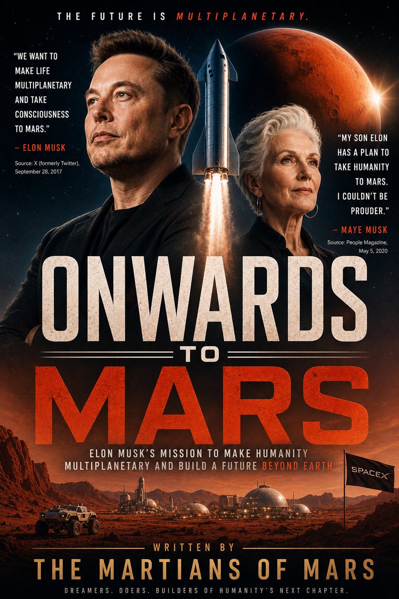 MartiansOfMars's tweet photo. We are looking to create a FREE digital book called ONWARDS TO MARS, published under The Martians of Mars.

Before publishing, I’d genuinely love your permission/blessing to feature you both and your publicly documented words about humanity’s future.

The book will be free to the public, not about hype or fiction. The goal is to carefully source the factual claims and clearly distinguish established facts from projections about the future.

Why?

Because if humanity is serious about becoming multiplanetary, ordinary people need to start understanding what life on Mars could actually demand: resilience, engineering, food, habitats, health, communication, community and survival.

I want ONWARDS TO MARS to help the next generation of Martians start preparing their minds today for a world humanity may build tomorrow.

No paywall. Just knowledge, curiosity and a bigger future for humanity.

@elonmusk & @mayemusk would you be happy for us to publish it? 🌎🚀🔴

The Martians of Mars