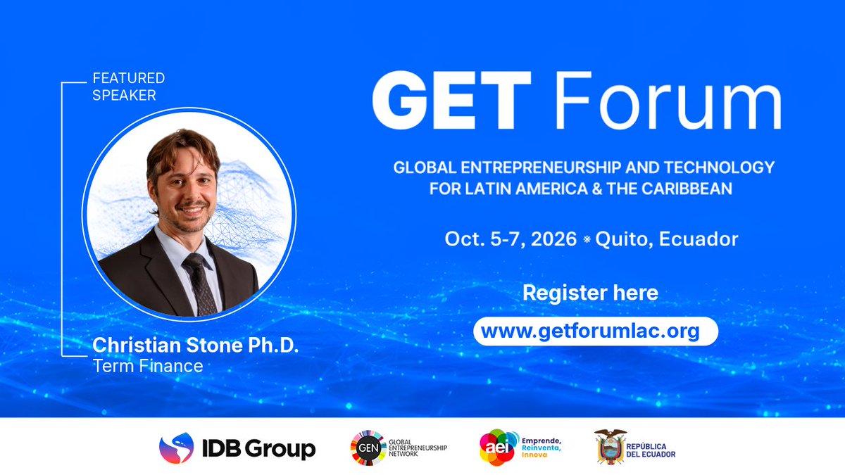 IDB_Lab's tweet photo. Growth needs capital –but #VentureCapital isn’t the only path.
 
Christian Stone, CEO of Term Finance, joins #GETForum2026 to explore alternative #Financing models and the opportunities they can create for growing businesses across the region.
 
 📍 Quito | October 5–7
 🔗 Register: https://t.co/2mdGNpgE7Z