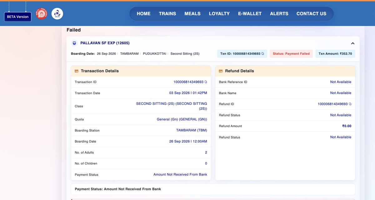 MAK8415's tweet photo. Hi @IRCTCofficial, I have booked a train via IRCTC Beta, and payment has been debited from my bank account. Now the portal displays"Amount not received from Bank", but the payment was debited from my account. The refund amount is 0. Kindly resolve the issue asap @BandBajaateRaho https://t.co/76CD9238YC
