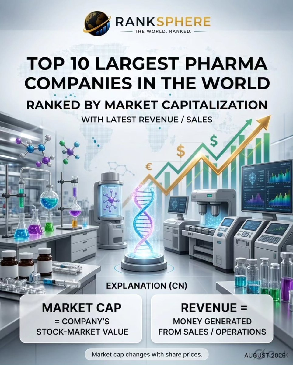 DemetriaBejg's tweet photo. Top 10 largest pharma companies worldwide. Ranked by market cap, alongside latest revenue. Eli Lilly, Johnson &amp; Johnson, AbbVie, Merck, Roche, and more. The highest sales don’t always mean the highest value. https://t.co/sMyYEBr8S1
