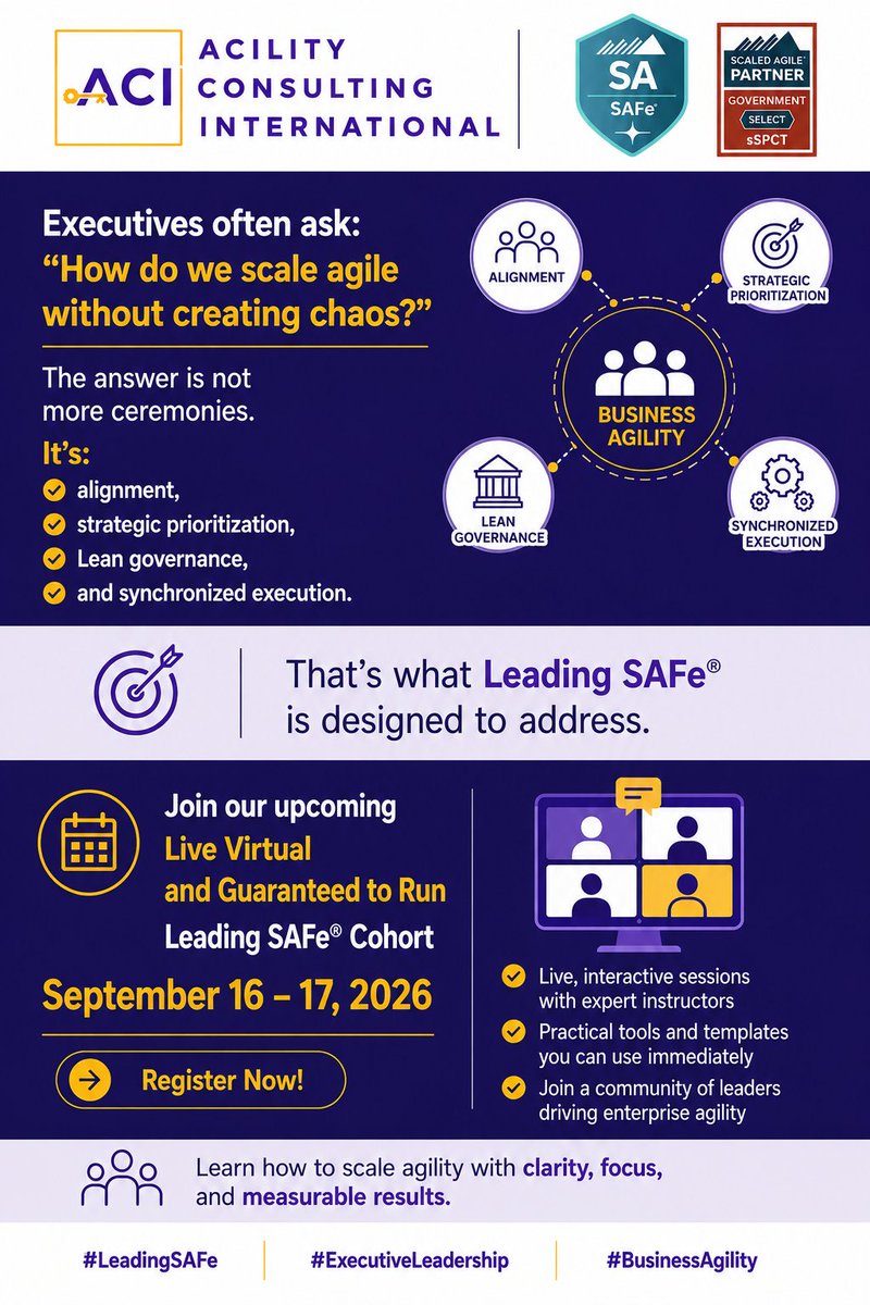 AgilityConsult2's tweet photo. Scaling agile isn’t about adding more meetings.
It’s about aligning strategy with execution.
Join our upcoming live virtual and guaranteed to run Leading SAFe cohort on September 16th and 17th here: https://t.co/U7DovNuTtB
#LeadingSAFe https://t.co/dKPE9q47Ze
