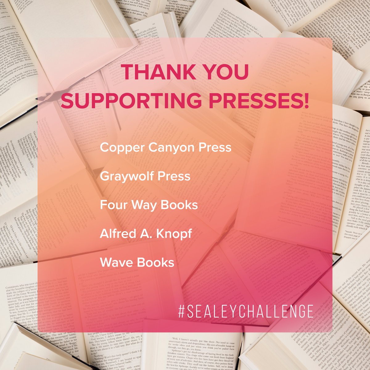 SealeyChallenge's tweet photo. Excited to announce this year's #SealeyChallenge BINGO winners! Thank you to everyone who participated and we can't wait to celebrate with you all again next year!

Giveaways are from @CopperCanyonPrs @GraywolfPress @FourWayBooks @AAKnopf and Wave Books https://t.co/HdzFumuFYJ