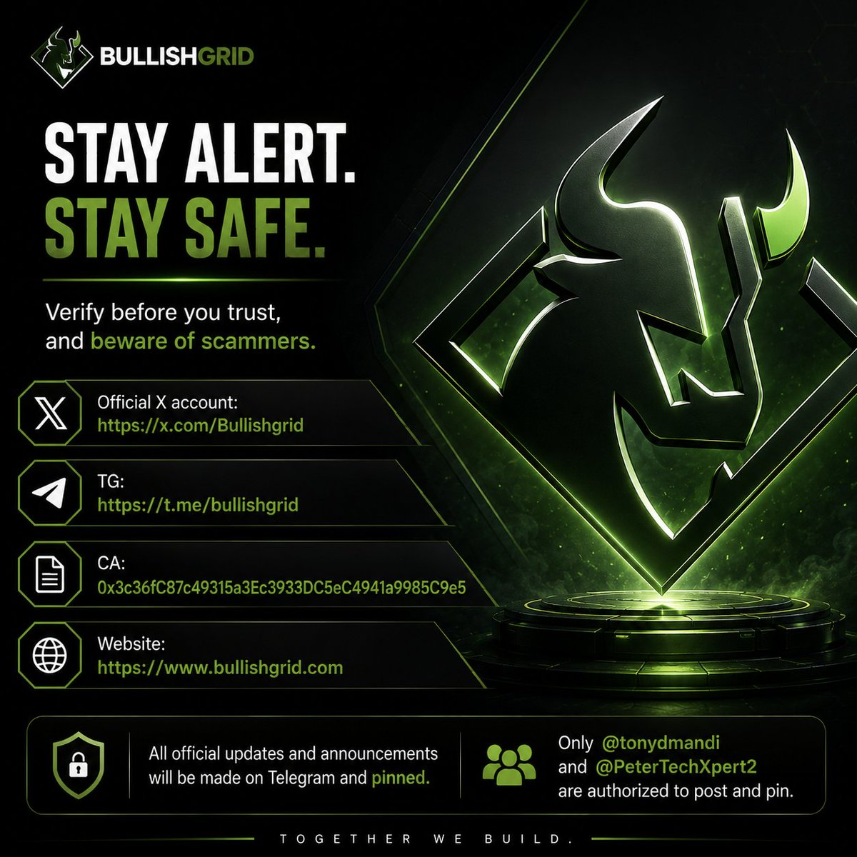 AdebsE's tweet photo. 🚨 SECURITY NOTICE

We are still seeing scammers and imposters coming into the Telegram group pretending to be part of the @Bullishgrid Bullishgrid team.

⚠️ Bullishgrid is NOT and will NEVER have a migration.
⚠️ The team will NEVER DM you first.

Always verify information through the official Bullishgrid X account and the official team accounts on Telegram before taking any action.

All important announcements and updates will be made officially and pinned in the group.

Only @tonydmand and @PeterTechXpert are authorized to post and pin official updates on Telegram.

Stay alert. Verify before you trust. Beware of scammers. 🚨

Official x account: https://t.co/PSj7kKiOHC

Tg: https://t.co/0SNtPdAKQ8

Ca: 0x3c36fC87c49315a3Ec3933DC5eC4941a9985C9e5 

Website: https://t.co/RvCnfpvVuX