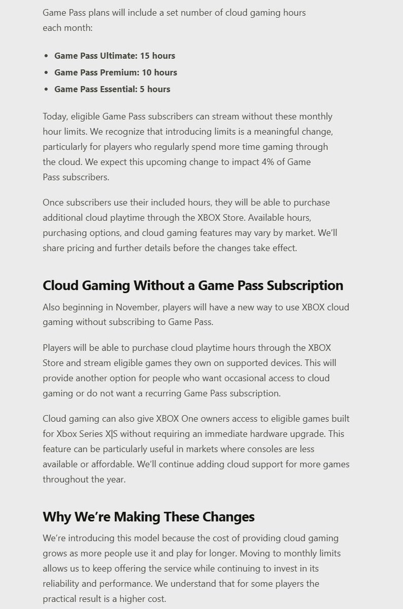robertbitten_'s tweet photo. 🚨 Mudanças chegando ao Xbox Cloud Gaming a partir de novembro!

Os planos do Xbox Game Pass passarão a incluir uma quantidade limitada de horas de jogos na nuvem por mês:

• Game Pass Ultimate: 15 horas
• Game Pass Premium: 10 horas
• Game Pass Essential: 5 horas

Quem não for assinante do Game Pass também poderá comprar horas de jogo na nuvem separadamente.