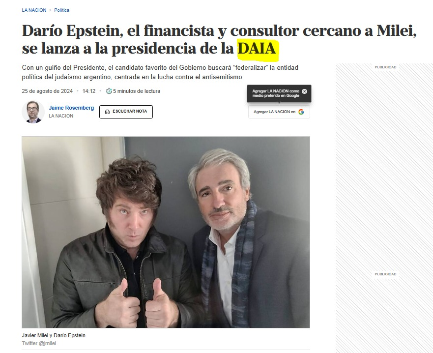 JulianMaciasT's tweet photo. No es el único contacto cercano a Milei con el que habla, Darío Epstein es el consultor de Milei, cercano a la DAIA (Israel) y oganizador del Latam Economic Forum, asociado a la secta sionista jabad lubavitch a la que pertenece Milei. https://t.co/6KtamN69sM