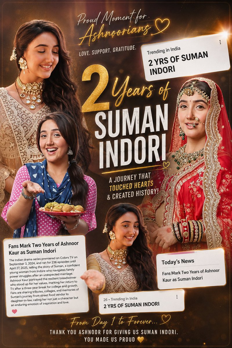 AshnoorOFC's tweet photo. CONGRATULATIONS SUMAN INDORI 🧿🌹

Two years of Suman Indori, two years of unforgettable emotions, powerful moments, beautiful memories and a character that touched so many hearts. ❤️

Suman sirf ek character nahi, ek emotion ban chuki hai. Her strength, innocence, courage and the way she stood for herself made her truly special. Every scene, every expression and every dialogue will always hold a special place in our hearts. 🥹❤️

A huge congratulations to the entire team of Suman Indori for completing this beautiful journey! 🎉✨ And a very special congratulations to Ashnoor Kaur for bringing Suman to life with so much grace, depth and perfection. You made us love Suman even more! ❤️

Here’s to 2 YRS OF SUMAN INDORI, countless memories and many more beautiful milestones ahead! 🥂✨

SUMAN INDORI WILL ALWAYS BE AN EMOTION. ❤️

#2YRSSUMANINDORI
#SumanIndori
#AshnoorKaur @ashnoorofficial
