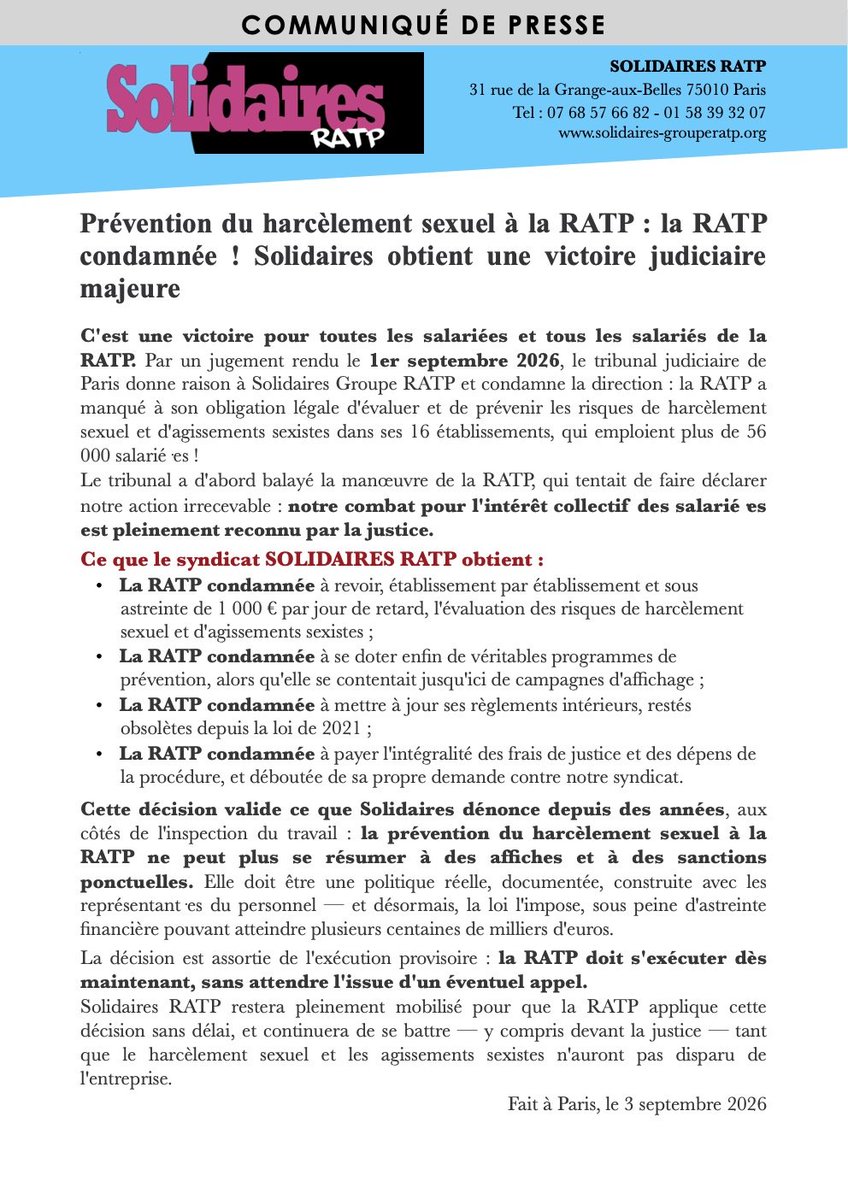 SolidairesRatp's tweet photo. Prévention du harcèlement sexuel : la RATP condamnée ! Solidaires obtient une victoire judiciaire majeure.
#VSS #HarcelementSexuel #DUERP https://t.co/Frvh5hVgDc