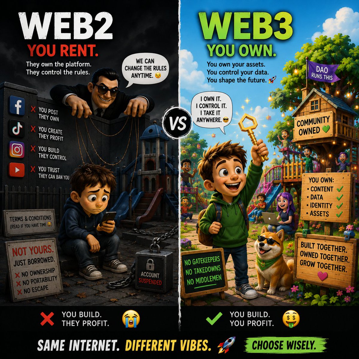 MotibolaG's tweet photo. WHAT THE HELL IS WEB3? 

Imagine you’re 3.

You have a toy 🧸, but someone else owns it.

You can play with it, but they control the rules and can take it away.

That’s Web2.

Web3 asks:

“What if the toy was actually yours?” 👀 https://t.co/m1hKwKNiwc