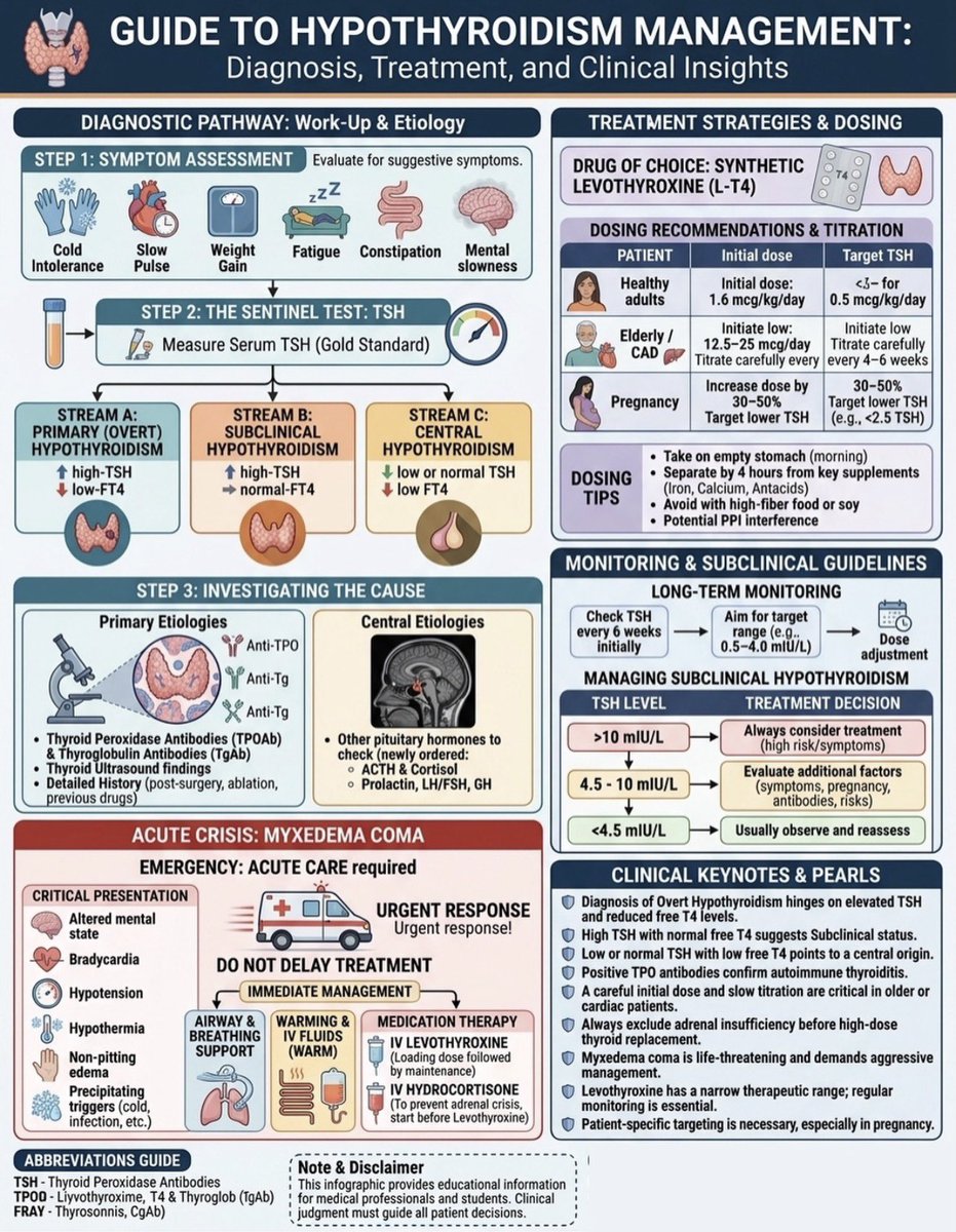 MedicoNotes's tweet photo. 💡 Guide to Hypothyroidism Management

⸻

1️⃣ Clinical Features

🔹 Common Symptoms
➊ Cold intolerance
➋ Fatigue
➌ Weight gain
➍ Constipation
➎ Bradycardia
➏ Mental slowing

📌 Suspect hypothyroidism in patients with metabolic slowing and fatigue

⸻

2️⃣ Diagnosis — TSH is the Gold Standard

🧪 Primary Hypothyroidism
⬆️ TSH + ⬇️ Free T4

🧪 Subclinical Hypothyroidism
⬆️ TSH + Normal Free T4

🧪 Central Hypothyroidism
⬇️/Normal TSH + ⬇️ Free T4

⚠️ Central causes suggest pituitary/hypothalamic disease

⸻

3️⃣ Investigating the Cause

🔬 Common Tests
➊ Anti-TPO antibodies
➋ Anti-thyroglobulin antibodies

📌 Hashimoto thyroiditis is the most common cause

🧠 In suspected central disease, assess:
• ACTH/cortisol
• Prolactin
• LH/FSH & GH

⸻

4️⃣ Treatment of Choice

💊 Levothyroxine (T4)

📌 Initial Dosing
➊ Healthy adults → ~1.6 mcg/kg/day
➋ Elderly/CAD → Start low (12.5–25 mcg/day)
➌ Pregnancy → Increase dose by 30–50%

⸻

5️⃣ Important Dosing Tips

⏰ Take on an empty stomach

🚫 Separate from:
• Iron
• Calcium
• Antacids

📌 Recheck TSH every 6 weeks after dose changes

⸻

6️⃣ Subclinical Hypothyroidism

✅ Usually treat if:
• TSH >10 mIU/L
• Symptomatic
• Positive antibodies
• Pregnancy/fertility concerns

⸻

7️⃣ Myxedema Coma 🚨

⚠️ Features
• Hypothermia
• Bradycardia
• Hypotension
• Altered mental status

🚑 Management
➊ Airway/supportive care
➋ Warm IV fluids
➌ IV levothyroxine
➍ IV hydrocortisone

⸻

💡 Clinical Pearls

➊ High TSH + low FT4 = overt hypothyroidism
➋ Low/normal TSH + low FT4 = central hypothyroidism
➌ Exclude adrenal insufficiency before high-dose thyroid replacement
➍ Pregnancy increases levothyroxine requirements

⸻

📚 Visit our website to download our new Endocrinology Book:

🌐 https://t.co/2UQyCbb6in

#Endocrinology #Hypothyroidism #MedicalEducation #USMLE #meded