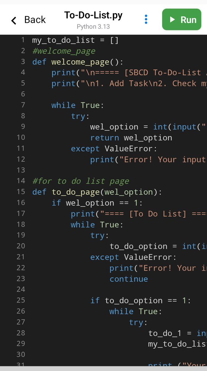 Xfricana's tweet photo. Built another Python project 🐍

A simple To-Do List App to practice lists, functions, loops, "try/except", "return", "break", and `continue.

Still a beginner, still building, still learning. 🚀

#Python #LearningToCode https://t.co/HOiabiO4jd
