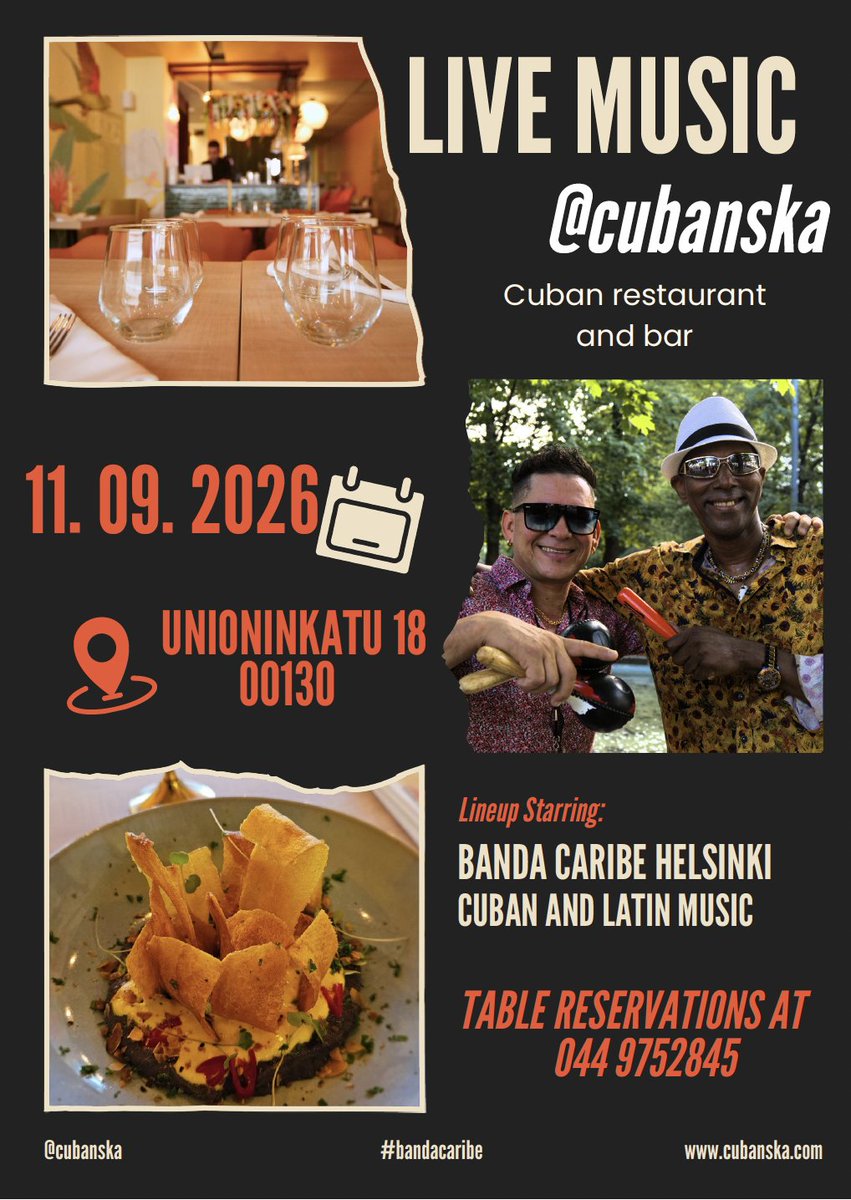 HackmanPeter's tweet photo. Välkommen och höra på Duo Banda Caribe Helsinki fre 11.9 på Cubanska, Unionsgatan 18, Helsingfors 🙂
Tervetuloa kuuntelemaan Duo Banda Caribe Helsinki perj 11.9 ravintola Cubanskassa, Unioininkatu 18, Helsinki 🙂 https://t.co/DDuc4rcoHX