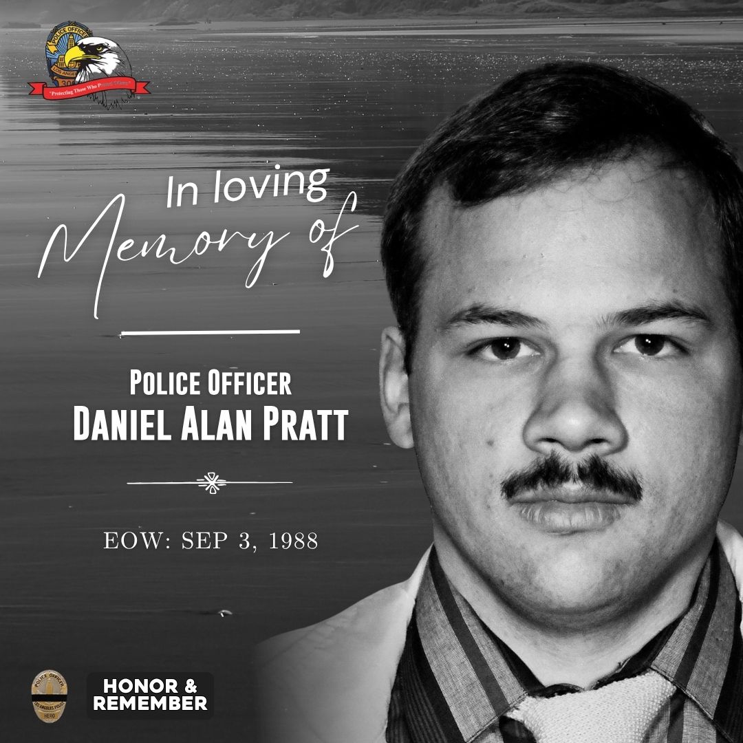 LAPPL's tweet photo. We will never forget LAPD Police Officer Daniel Pratt, who was shot and killed by gang members during a drive-by shooting near the intersection of West Florence Avenue and Crenshaw Boulevard.

The shooter was sentenced to two life sentences without parole. The driver was sentenced to 25 years to life in prison and was released in 2016.

Officer Pratt was a United States Marine Corps veteran and had served with the Los Angeles Police Department for six years. He is survived by his wife and four children.