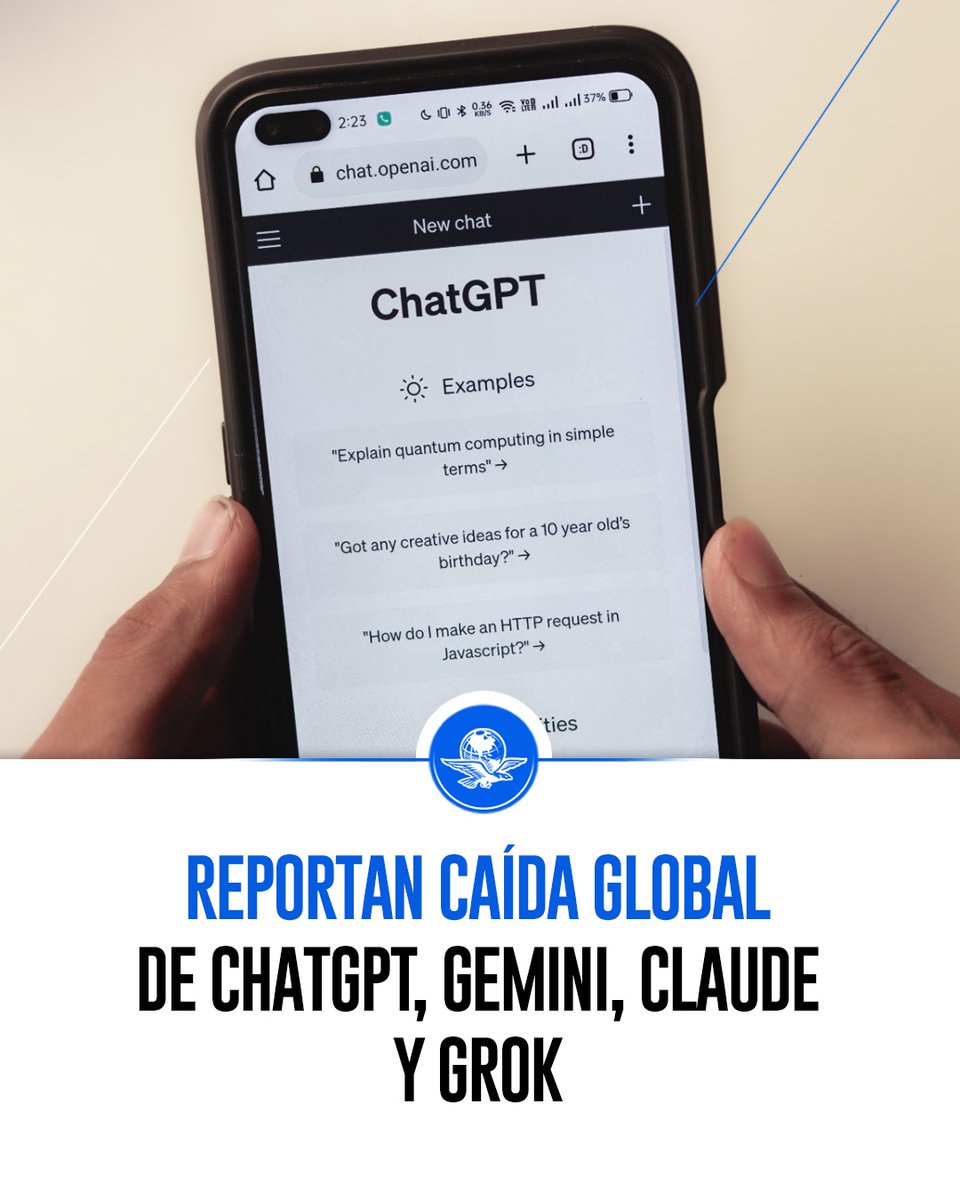 El_Universal_Mx's tweet photo. 🚨 Caída global de ChatGPT, Gemini, Claude y Grok.

Miles de usuarios reportan fallas en los principales chatbots de IA en más de 70 países, según DownDetector.

En el caso de ChatGPT, 77% de los reportes corresponden a problemas con el chatbot, mientras que también se registran fallas en Codex y la aplicación.
https://t.co/NApJiyzGtY