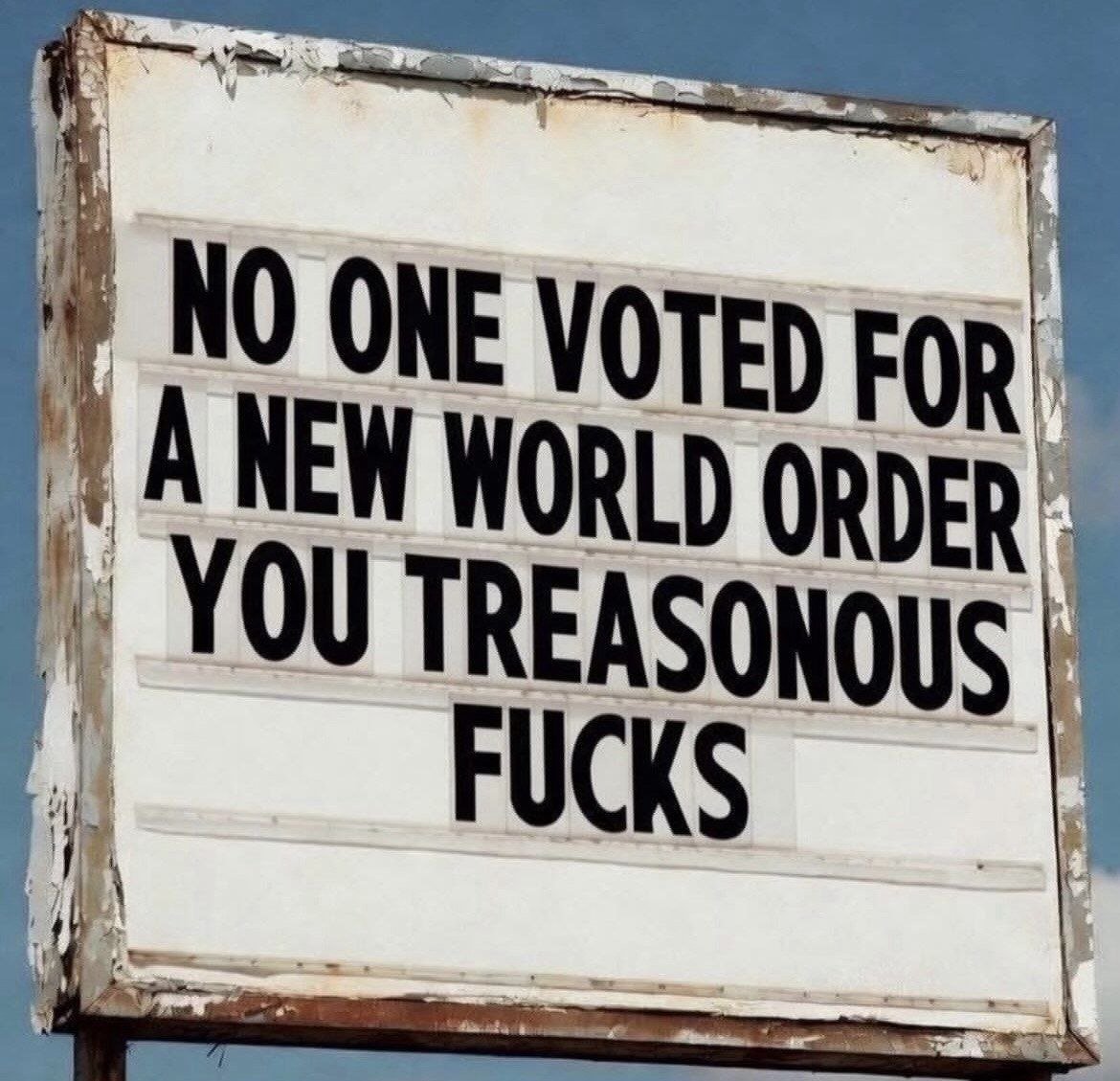 anarchismemes's tweet photo. No one voted for a new world order you treasonous fucks https://t.co/UdD93VgeER