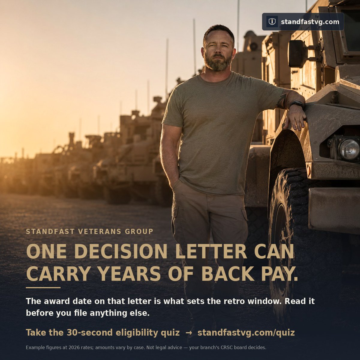 StandfastVG's tweet photo. One decision letter can carry years of CRSC back pay.

Not a bonus. Pay you already earned, reaching back to when the condition was first rated.

Run both numbers — monthly and retro: https://t.co/a1pC7rjfi3

Your branch decides. #CRSC #VABackPay https://t.co/a2RaxpS3B9