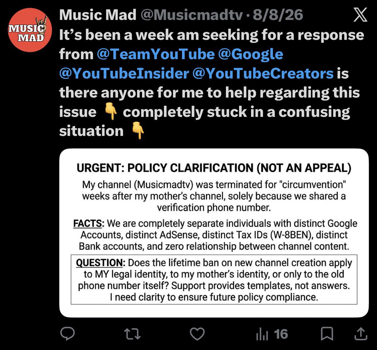 Musicmadtv's tweet photo. It’s been 3 months am asking for a clarification from @TeamYouTube don’t know whether they shadow banned me !! Hello @TeamYouTube @YouTubeCreators is there anyone? https://t.co/Yx7NrfQ1ot