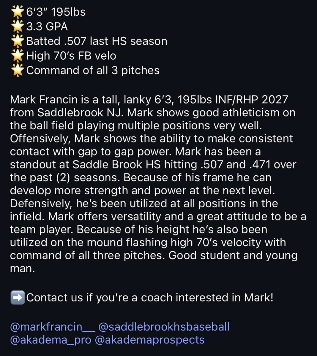 ProspectsBase's tweet photo. #UNCOMMITTED 2027 1B, 3B, SS Mark Francin hitting an opposite-field homer and flashing the athleticism at SS‼️

🌟6’3” 195lbs
🌟3.3 GPA 
🌟Batted .507 last HS season 
🌟High 70’s FB velo 
🌟Command of all 3 pitches 

#collegebaseball #baseballprospect #baseball #NCAA #college https://t.co/DU6gEMp6uy