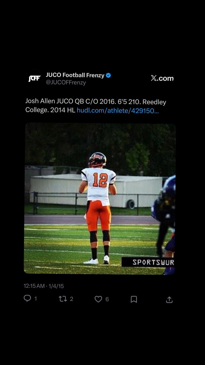 JUCOFFrenzy's tweet photo. Before the world discovered his talents, @JUCOFFrenzy did first . And that’s why @wyo_football offered him. Because of THIS POST. 

No.2 player in the NFL TOP 100 @JoshAllenQB #JUCOPRODUCT https://t.co/7nTvqlqWcp