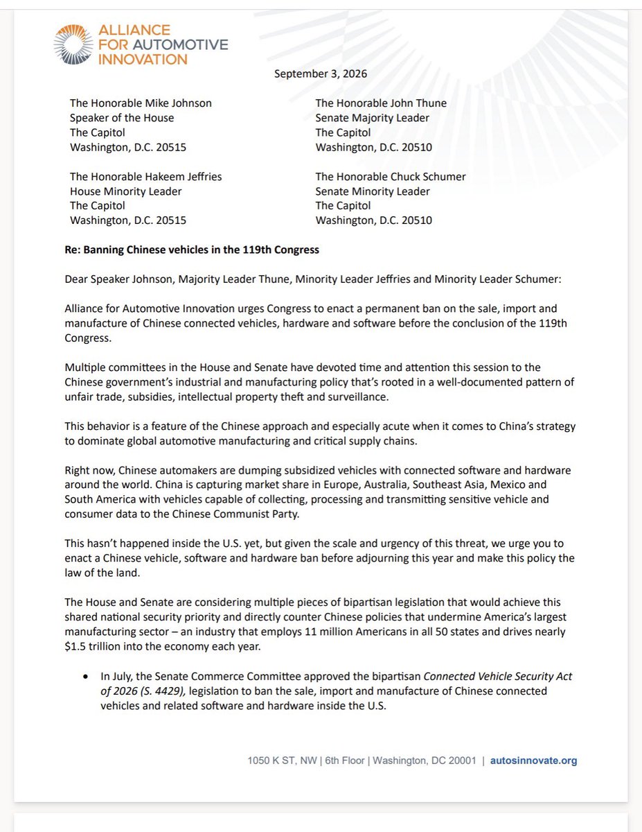 davidshepardson's tweet photo. New: automakers urge Congress to pass ban on Chinese cars before end of year https://t.co/ahE70vnjX2 https://t.co/0D9JdTVEG3