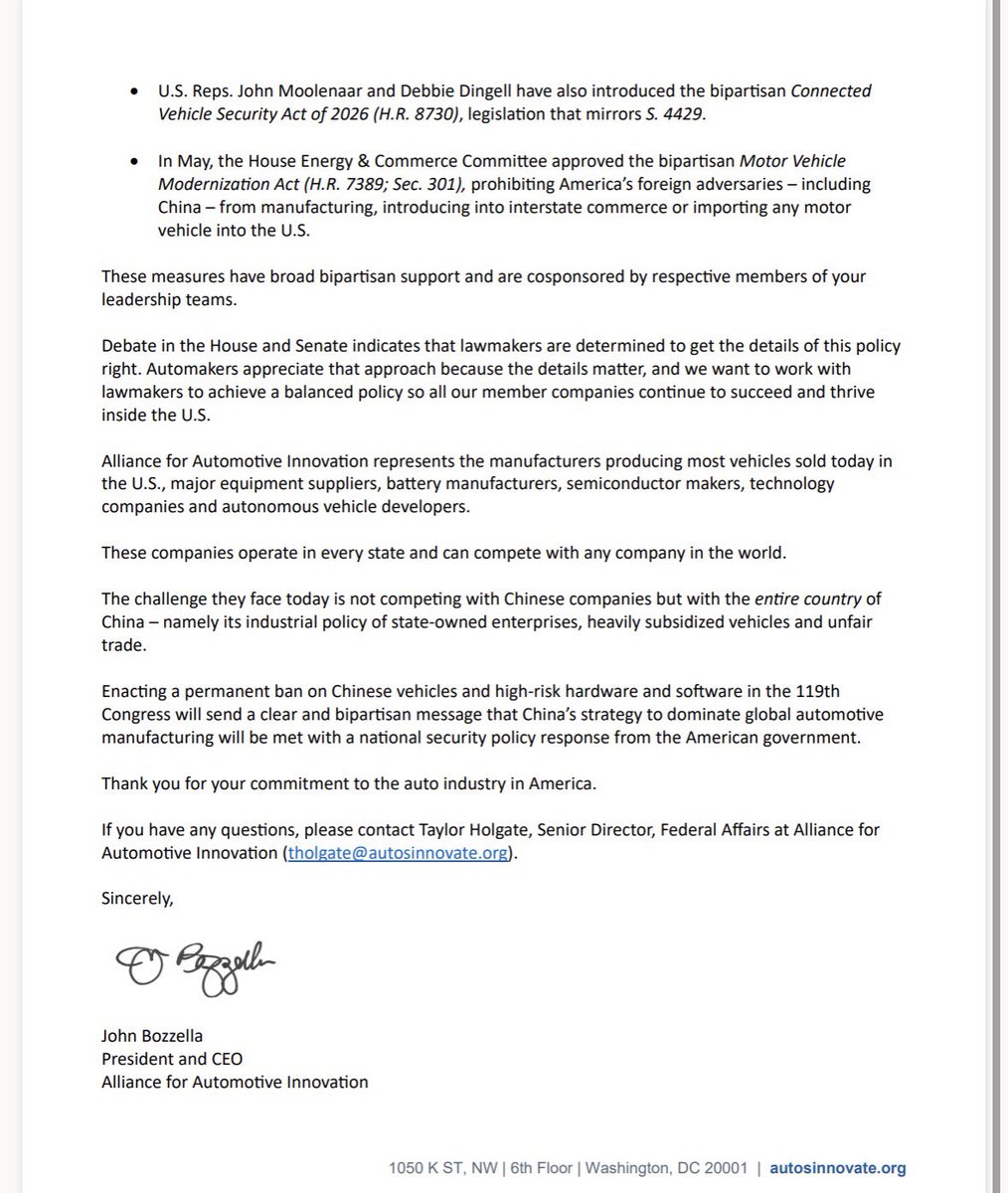 davidshepardson's tweet photo. New: automakers urge Congress to pass ban on Chinese cars before end of year https://t.co/ahE70vnjX2 https://t.co/0D9JdTVEG3