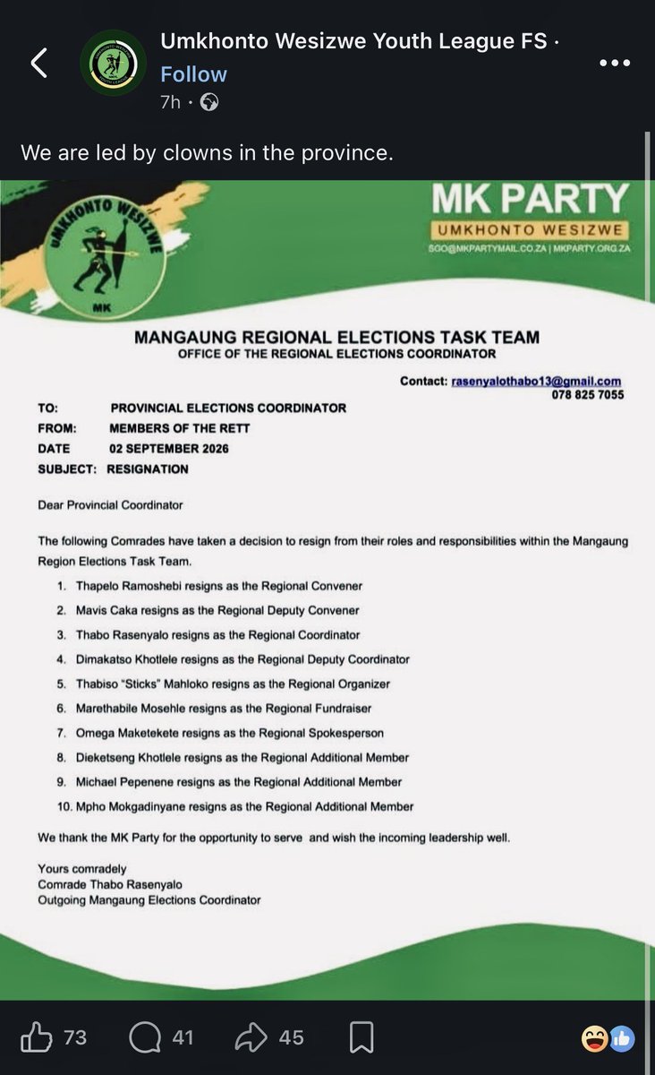 AyeeNdeM's tweet photo. Breaking News!! 

The whole regional Task Team of MK party has just resigned in Mangaung 🤣🤣🤣🤣🤣🤣🤣🤣😭

Hayi suka Ifile lento https://t.co/W2W1dAPBpn