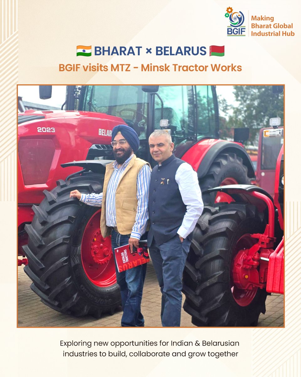 OfficialBGIF's tweet photo. 🇮🇳🇧🇾 BGIF Delegation Visits MTZ Belarus

The BGIF delegation visited MTZ (Minsk Tractor Works), one of the leading tractor manufacturers in the region, and explored significant opportunities for India–Belarus industrial cooperation.

Discussions focused on potential joint ventures, technology partnerships, manufacturing collaborations, and supply of accessories, components and spare parts for the tractor and agricultural machinery ecosystem.

The visit opened promising avenues for deeper cooperation between Indian and Belarusian industries, with strong potential for technology transfer, localisation and access to wider international markets.