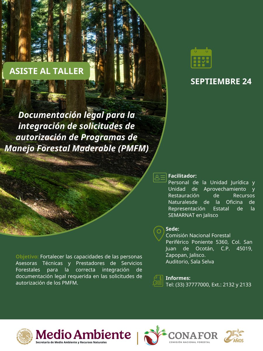 CONAFOR's tweet photo. En las oficinas centrales de la Conafor en Zapopan, Jalisco llevaremos a cabo una capacitación sobre documentación legal para la integración de solicitudes de autorización de Programas de Manejo Forestal Maderable.

Te invitamos a llenar el formulario: https://t.co/4rni1i8hmz https://t.co/ZLd1aQ6Tb0