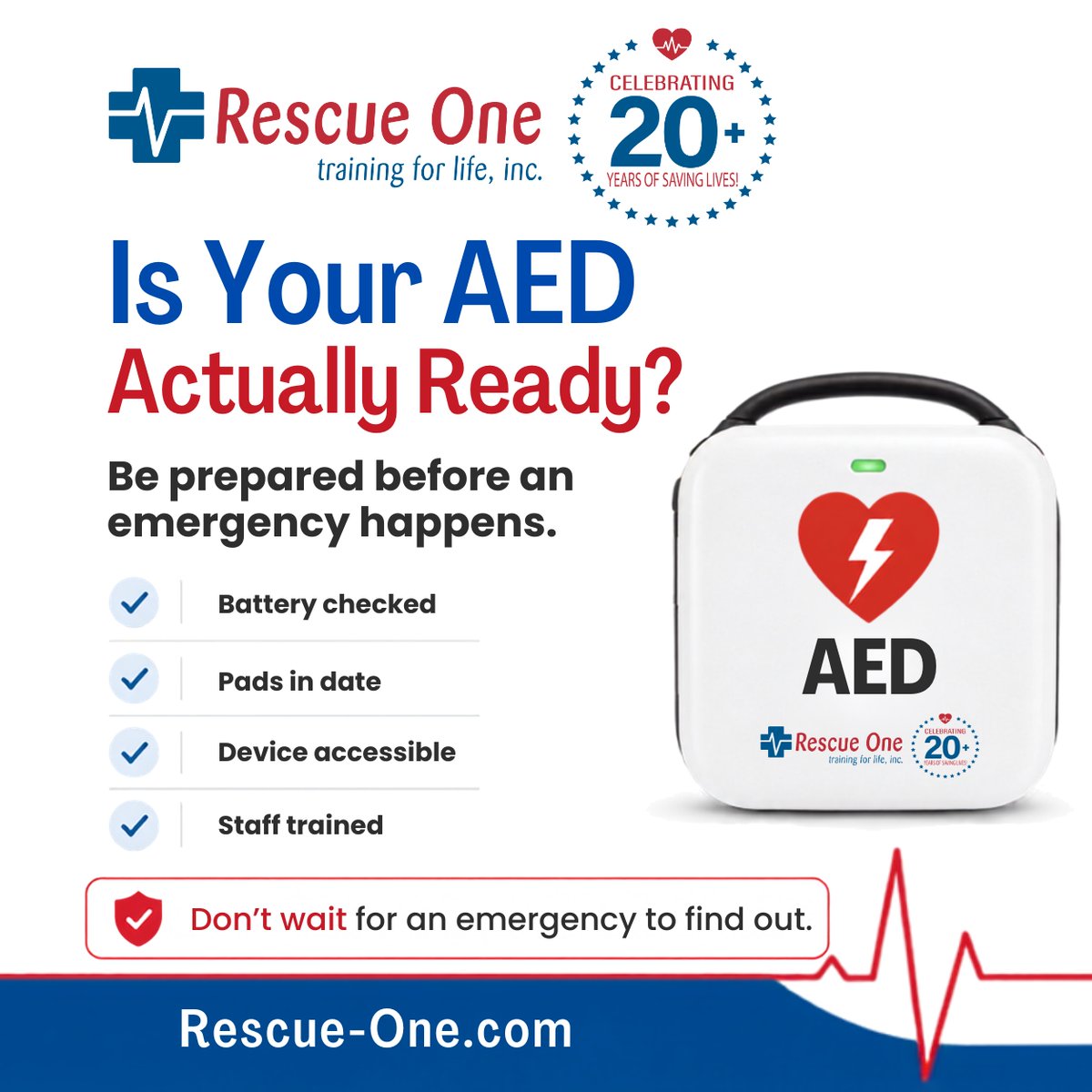 RescueOneTrng's tweet photo. An AED on the wall isn’t enough.
✔ Battery ready?
✔ Pads current?
✔ Easy to reach?
✔ Staff trained?
Check it now, not during an emergency.
➜ https://t.co/HyGifA4SyE
#AED #AEDMaintenance #CPRTraining #EmergencyPreparedness #RescueOne https://t.co/hG9hFsUXDl