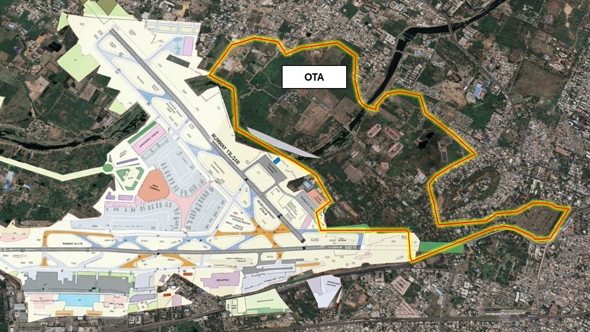 asvom_hub's tweet photo. Can Chennai Airport Build a Parallel Runway on OTA Land? ✈️

Many assume acquiring the Officers Training Academy (OTA) land would unlock a massive upgrade—specifically, a parallel runway for Chennai Airport (MAA).

Looking at ICAO  standards, here is the technical reality:

❌ Why Another Runway Won't Work:

Parallel to Main Runway (07/25): Parallel operations require 760 m to 1,035 m centerline separation—the parcel simply lacks the required north–south depth.

Obstacle Surfaces (OLS): An eastward approach profile collides directly into St. Thomas Mount and dense urban settlements.

Parallel to Secondary Runway (12/30): The available ground length is far too short to fit a Code-C runway strip and safety zones (RESA). Even a small third runway is practically impossible.

💡 Where OTA Land Actually Helps:

Remote Parking Bays: Frees up saturated contact gates, clears apron bottlenecks, and expands critically needed night-parking stands.

or lad swap to get more land for parallel runway in west.

A true parallel runway at Meenambakkam is physically impossible—which is why the greenfield project is necessary. But to push MAA’s existing runway to its absolute single-runway peak, OTA ground space remains invaluable.

The OTA is a prestigious military institution that should not be relocated. Beyond its defense legacy, the campus serves as a vital green lung and urban cooling island amidst the city's concrete sprawl.

What are your thoughts? Drop them below! 👇