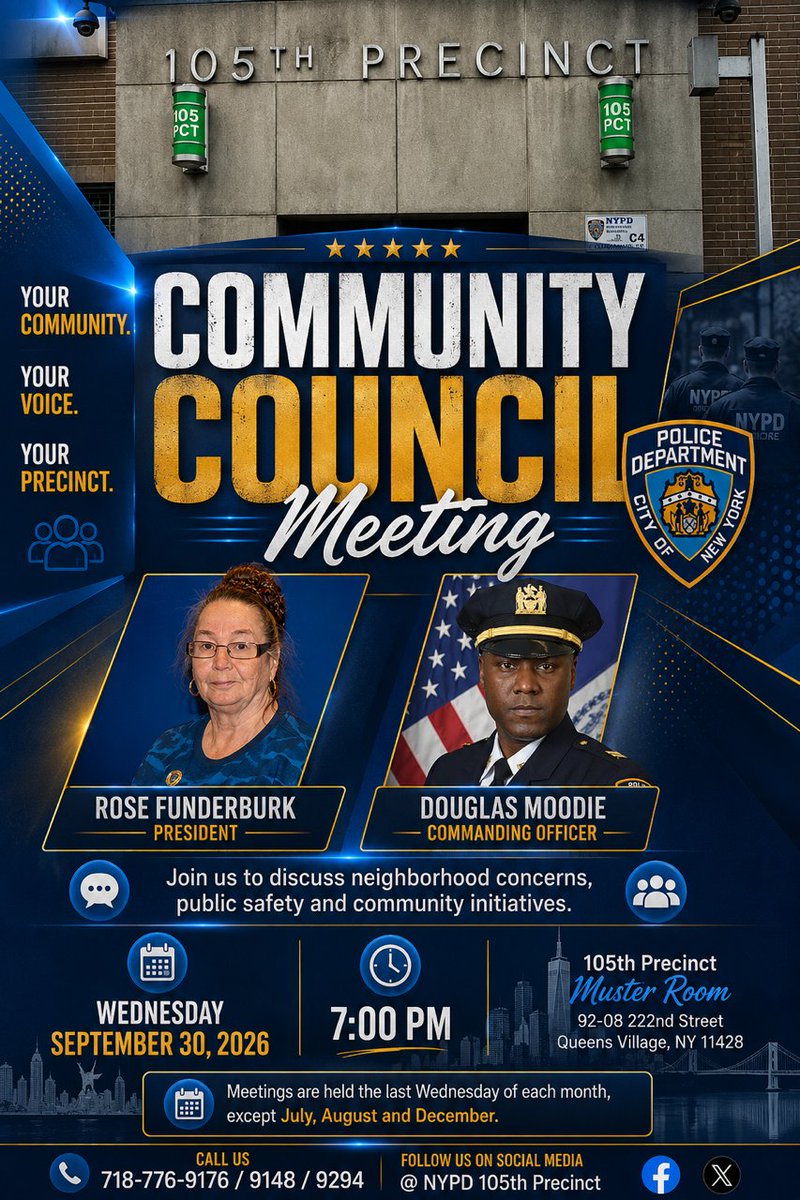 NYPD105Pct's tweet photo. Summer break is over, and we're back in session! 💙💛Join us for our Community Council Meeting on September 30th at 7 PM as we reconnect, hear your concerns, and continue working together to keep our community informed, involved, and strong. https://t.co/8Y0hjdUiWr