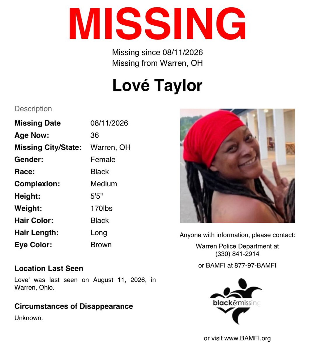 BAM_FI's tweet photo. #Warren, #OH: 36y/o Love' was last seen on Aug 11. She has a heart-shaped Yin-Yang tattoo in the center of her chest, a piercing on her right eyebrow &amp; 2 nose piercings on the left side of her nose.

Have you seen her?

SHARE to #HelpUsFindLoveTaylor #HelpUsFindUs #LoveTaylor https://t.co/8T0D19TMY2