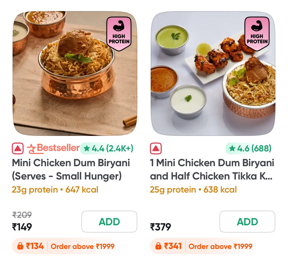 sayhello910's tweet photo. Can someone explain? How can calorie intake decrease when half chicken tikka is added. This is from the Paradise Biryani restaurant on #swiggy https://t.co/O4bJaqEHxv