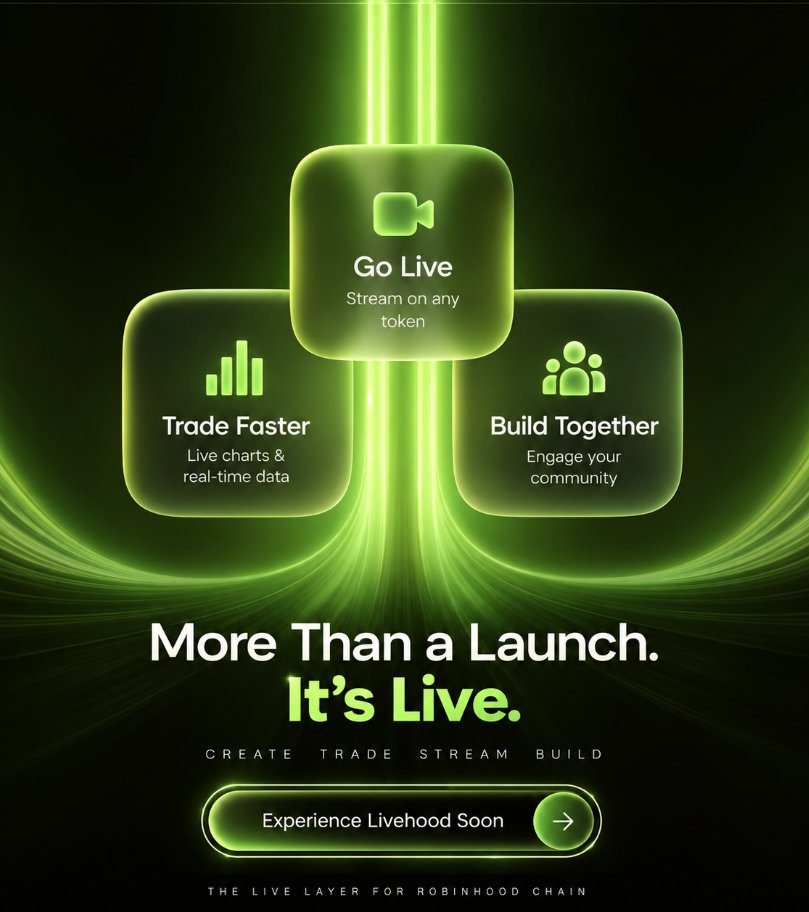 Livehood_fun's tweet photo. More than a launchpad.

LiveHood brings live streaming, trading, charts and real-time token data together in one place.

Create a token.
Track the market.
Trade instantly.
Go live.
Build your community.

The live layer for Robinhood Chain is coming. https://t.co/EPx8xi80UI