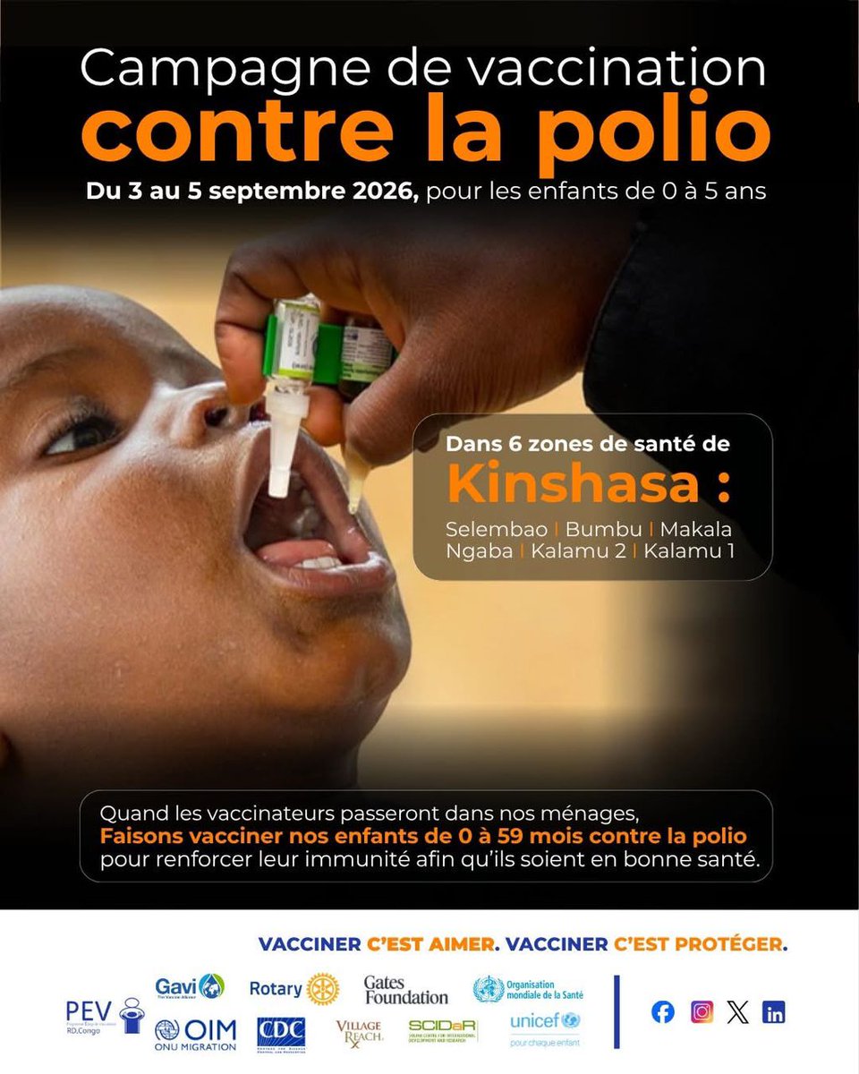 MinSanteRDC's tweet photo. À Kinshasa, la vaccination contre la polio se déroule du 3 au 5 septembre 2026 dans six zones de santé : Selmbao, Bumbu, Makala, Ngaba, Kalamu 1 et Kalamu 2.

Les équipes de vaccination iront à la rencontre des ménages pour vacciner les enfants de 0 à 5 ans. Parents et gardiens d’enfants, lorsqu’elles passeront chez vous, faites vacciner vos enfants.

Quelques gouttes de vaccin aujourd’hui pour renforcer la protection de vos enfants contre la polio et préserver leur santé demain.