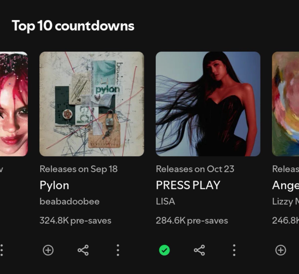 BPxSpotify's tweet photo. #LISA’s “PRESS PLAY” pre-saves on Spotify:

29/08 - 232.7k (16.3k+) ~ [#5]
30/08 - 246.6k (+13.9k) ~ [#4]
31/08 - 259.3k (+12.7k) ~[#4]
01/09 - 270.6k (+11.3k) ~ [#4] 
02/09 - 284.6k (+14k) ~ [#4]

🔗https://t.co/HSJJPqutlT https://t.co/H1M1BufbBH
