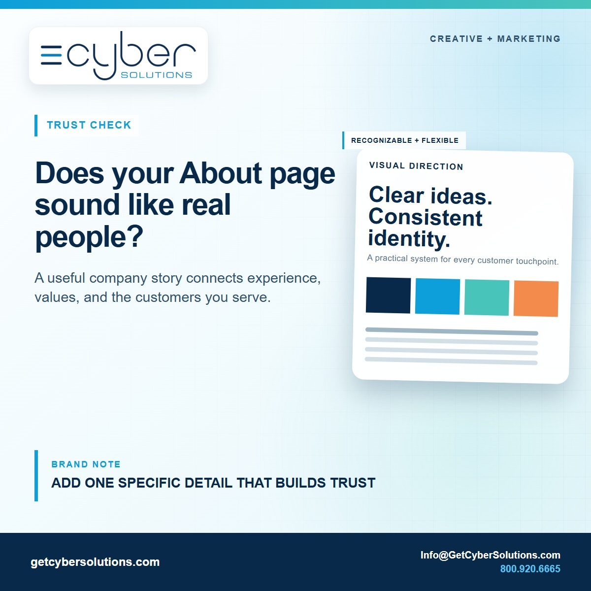 CyberSolutionsX's tweet photo. Does your About page sound like real people? 

Make one part of your company story more specific. 

800.920.6665
creative@getcybersolutions.com

#AboutPage #BrandStory #WebsiteTips #Branding #Content https://t.co/xxyVvbk6NX