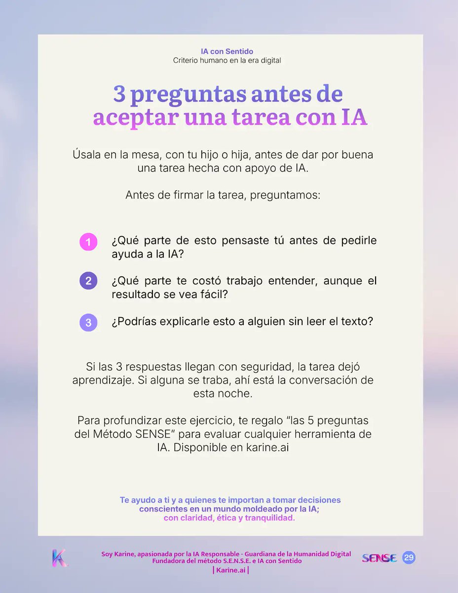 BKarine's tweet photo. Tres preguntas antes de aceptar una tarea con IA: qué pensaste tú, qué te costó entender, y si podrías explicarlo sin leerlo. Gratis para suscriptores de IAConSentido. https://t.co/Jxp6bwfTU5
