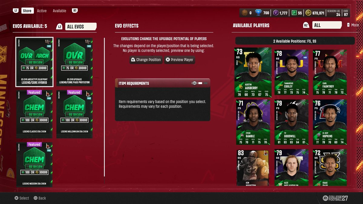 CFBdotFAN's tweet photo. New EVOs today📈

85 OVR upgrade and archetype swap EVOs for Core/Legend Safeties

85 OVR Upgrade for Core/Legend Pass Protector Centers

Legends Chem EVOs we saw briefly last week have returned

In the EVO shop for one week📅 https://t.co/idcwVX4rEb
