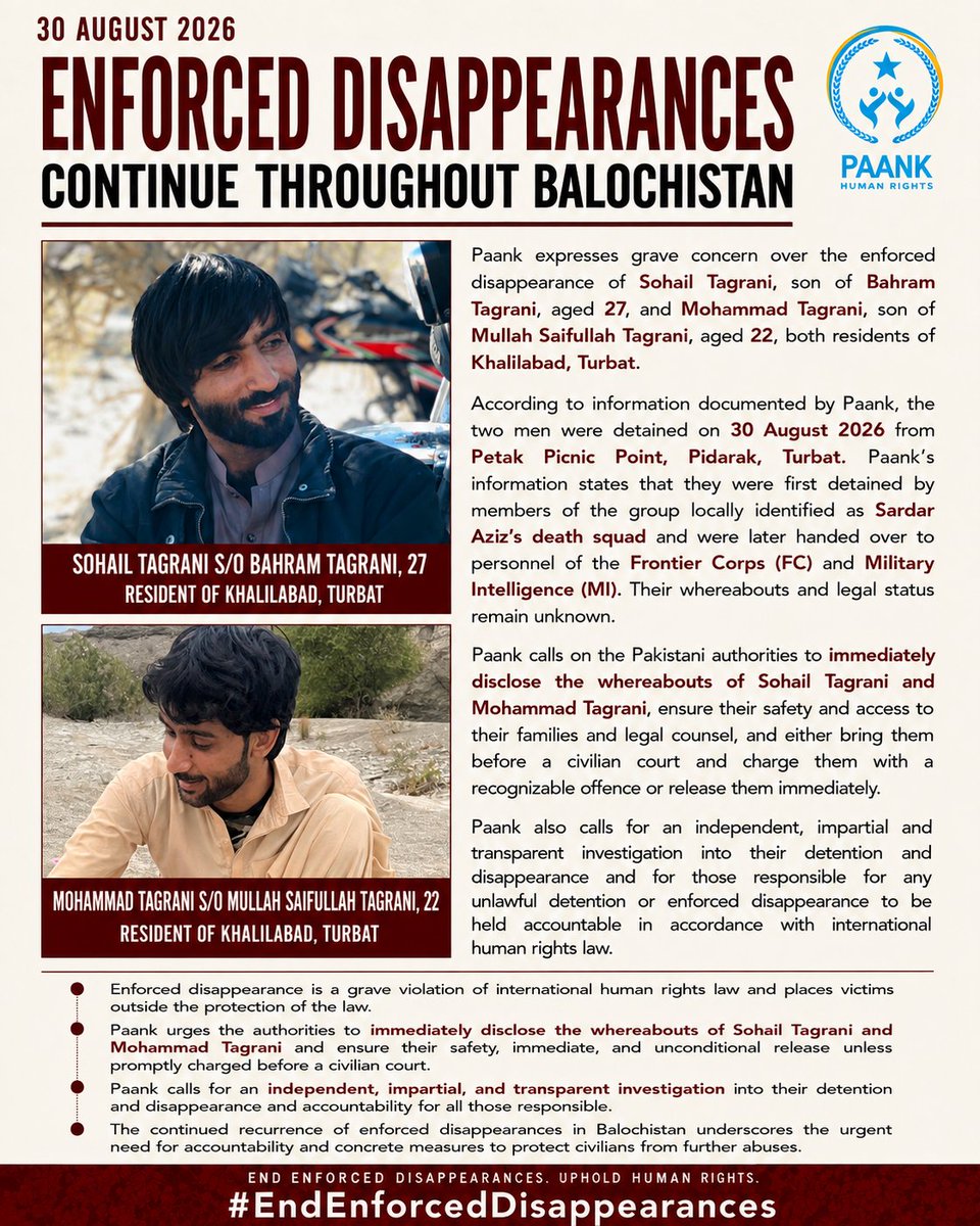paank_bnm's tweet photo. Paank expresses grave concern over the enforced disappearance of Sohail Tagrani, son of Bahram Tagrani, aged 27, and Mohammad Tagrani, son of Mullah Saifullah Tagrani, aged 22, both residents of Khalilabad, Turbat.

According to information documented by Paank, the two men were detained on 30 August 2026 from Petak Picnic Point, Pidarak, Turbat. Paank’s information states that they were first detained by members of the group locally identified as Sardar Aziz’s death squad and were later handed over to personnel of the Frontier Corps (FC) and Military Intelligence (MI). Their whereabouts and legal status remain unknown.

Paank calls on the Pakistani authorities to immediately disclose the whereabouts of Sohail Tagrani and Mohammad Tagrani, ensure their safety and access to their families and legal counsel, and either bring them before a civilian court and charge them with a recognizable offence or release them immediately.

Paank also calls for an independent, impartial and transparent investigation into their detention and disappearance and for those responsible for any unlawful detention or enforced disappearance to be held accountable in accordance with international human rights law.