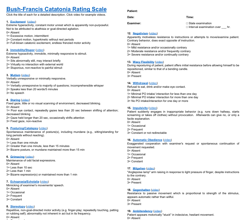 psychunseen's tweet photo. 5/ That's why the Bush Francis Catatonia Scale is now standard practice for detection and quantification.

(BTW the University of Rochester has an excellent online version of the BFCS with embedded videos illustration how to examine each item)

https://t.co/AEFx1A85SH https://t.co/krdrBi3saR