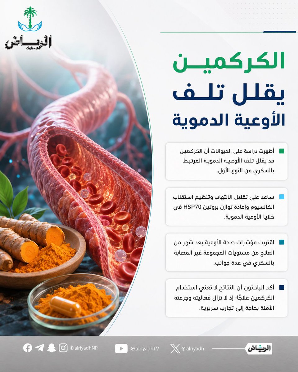 AlRiyadh's tweet photo. الكركمين قد يقلل تلف الأوعية الدموية المرتبط بالسكري من النوع الأول وفق نتائج دراسة أولية 💊 https://t.co/V6PdIcFoSH