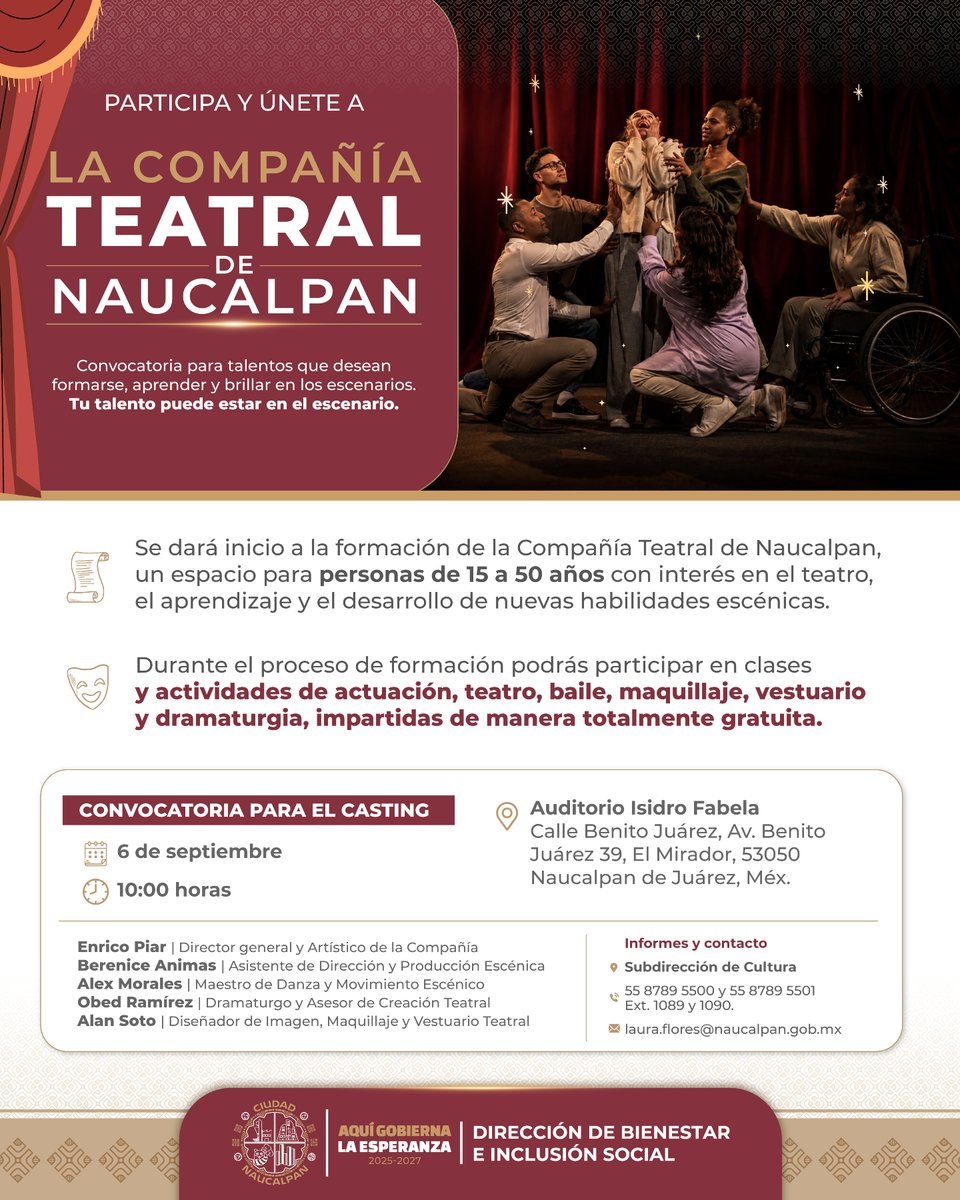 GobNau's tweet photo. ¡Tu talento puede estar en el escenario! 🎭✨

El Gobierno de Ciudad #Naucalpan te invita a participar en la convocatoria para formar parte de la Compañía Teatral de Naucalpan, dirigida a personas de 15 a 50 años interesadas en el teatro, el aprendizaje y el desarrollo de nuevas habilidades escénicas.

La formación será totalmente gratuita e incluirá actuación, teatro, baile, maquillaje, vestuario y dramaturgia. 🎬

👉Consulta en la imagen todos los detalles de la convocatoria y prepárate para el casting.

#AquiGobiernaLaEsperanza #Naucalpan #CompañiaTeatral #Cultura
