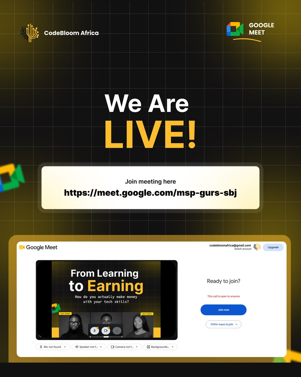 CodeBloomAfrica's tweet photo. WE ARE LIVE!!!!

Join the discussion on how to go from Learning to Earning with Codebloom Africa.

🔗 Join here: https://t.co/ShrLHCzS0q https://t.co/3x9YXLAwZ9