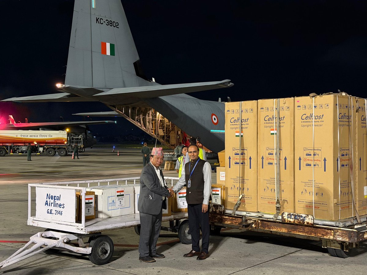 MEAIndia's tweet photo. Both C-130J aircraft carrying 21.5 tonnes of humanitarian assistance have landed in Kathmandu, Nepal. The relief material was handed over to Mr. Mahabir Pun, Minister for Science, Technology and Innovation.

The assistance will support ongoing relief and rescue efforts in flood-affected areas.