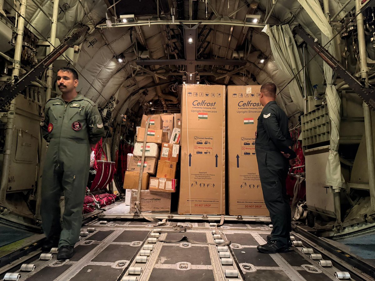 MEAIndia's tweet photo. Both C-130J aircraft carrying 21.5 tonnes of humanitarian assistance have landed in Kathmandu, Nepal. The relief material was handed over to Mr. Mahabir Pun, Minister for Science, Technology and Innovation.

The assistance will support ongoing relief and rescue efforts in flood-affected areas.